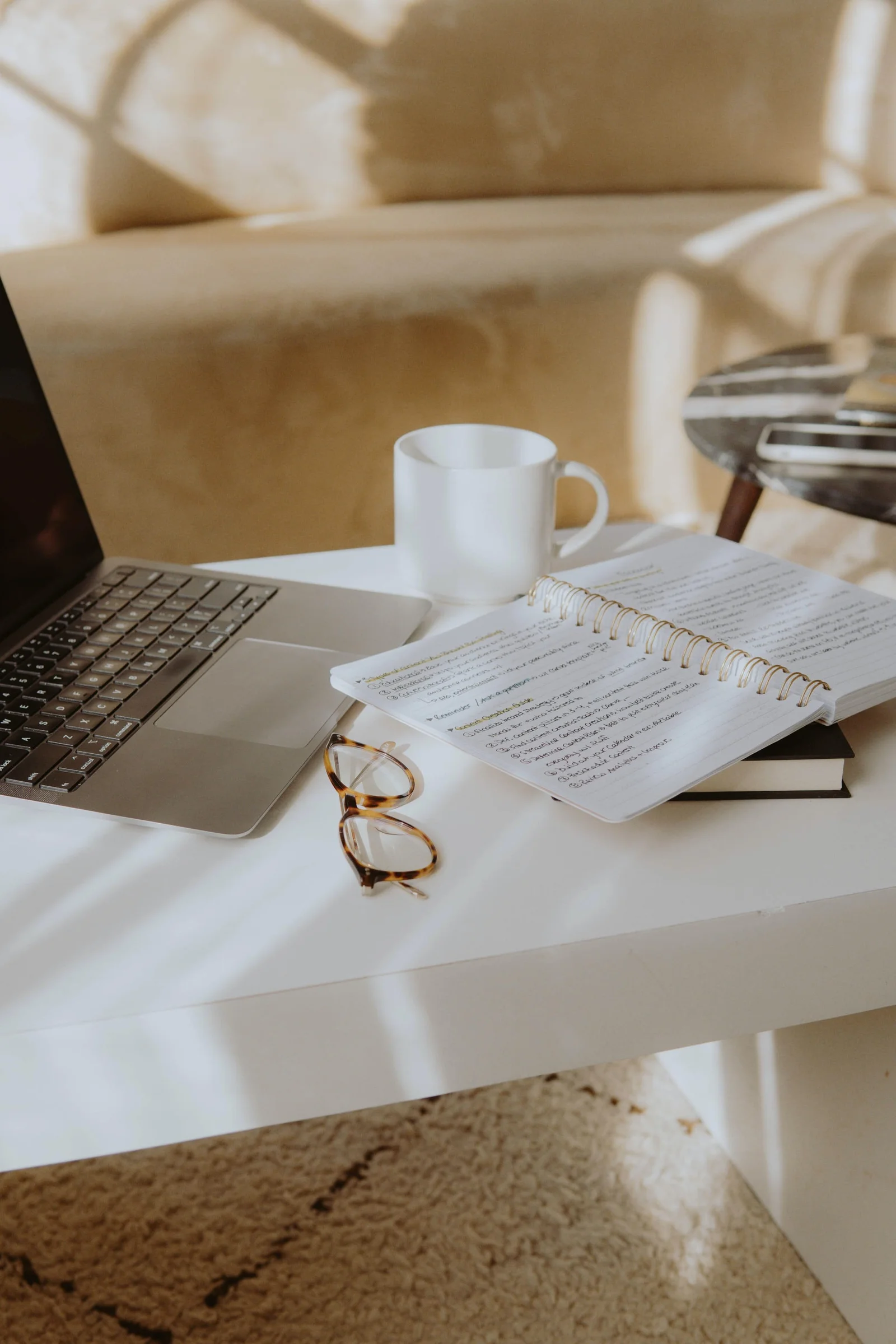 Laptop, notebook and coffee on a sunny desk